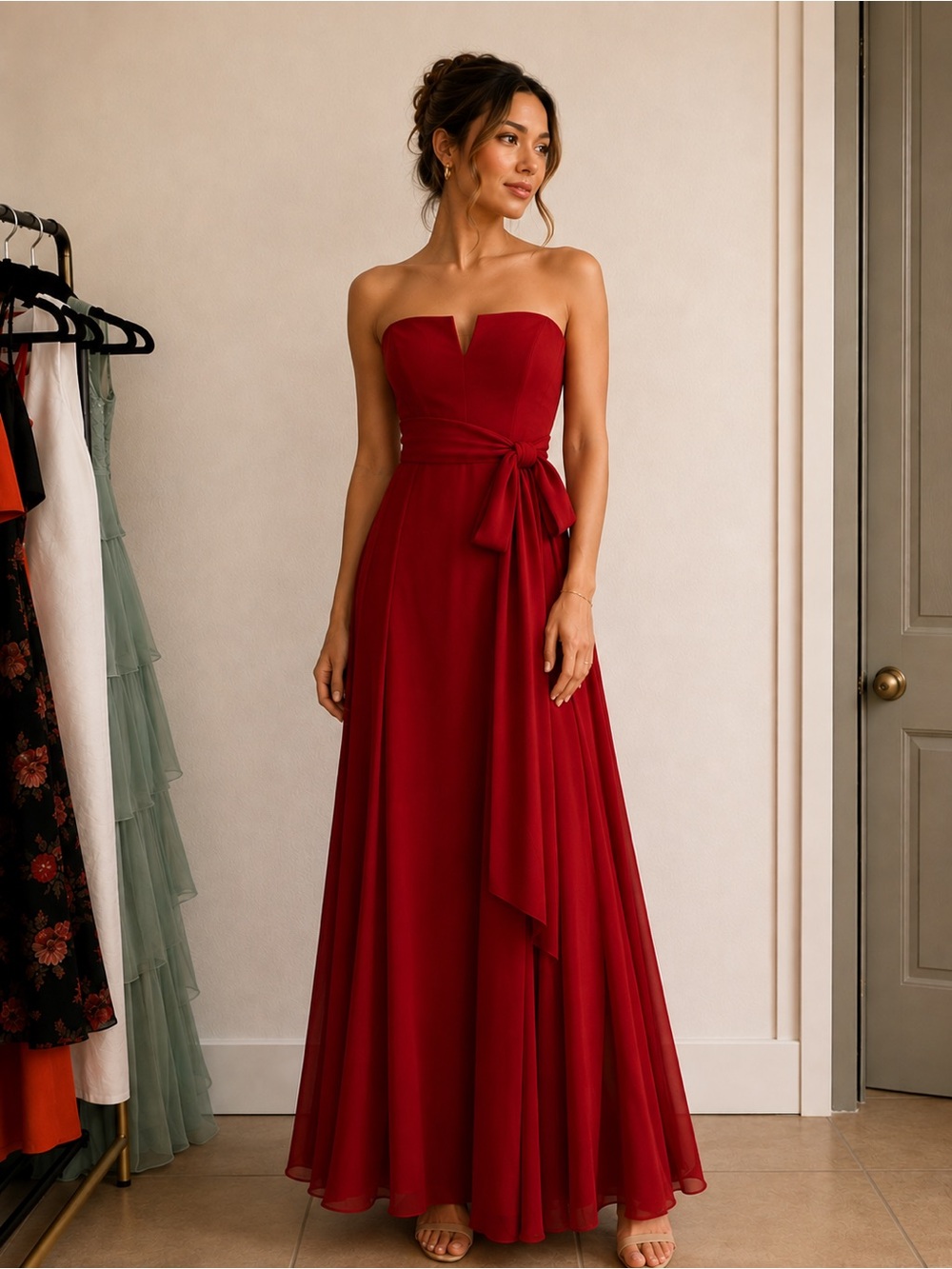White by 🔥 Vera Wang Strapless Red A-Line Gown with Sash